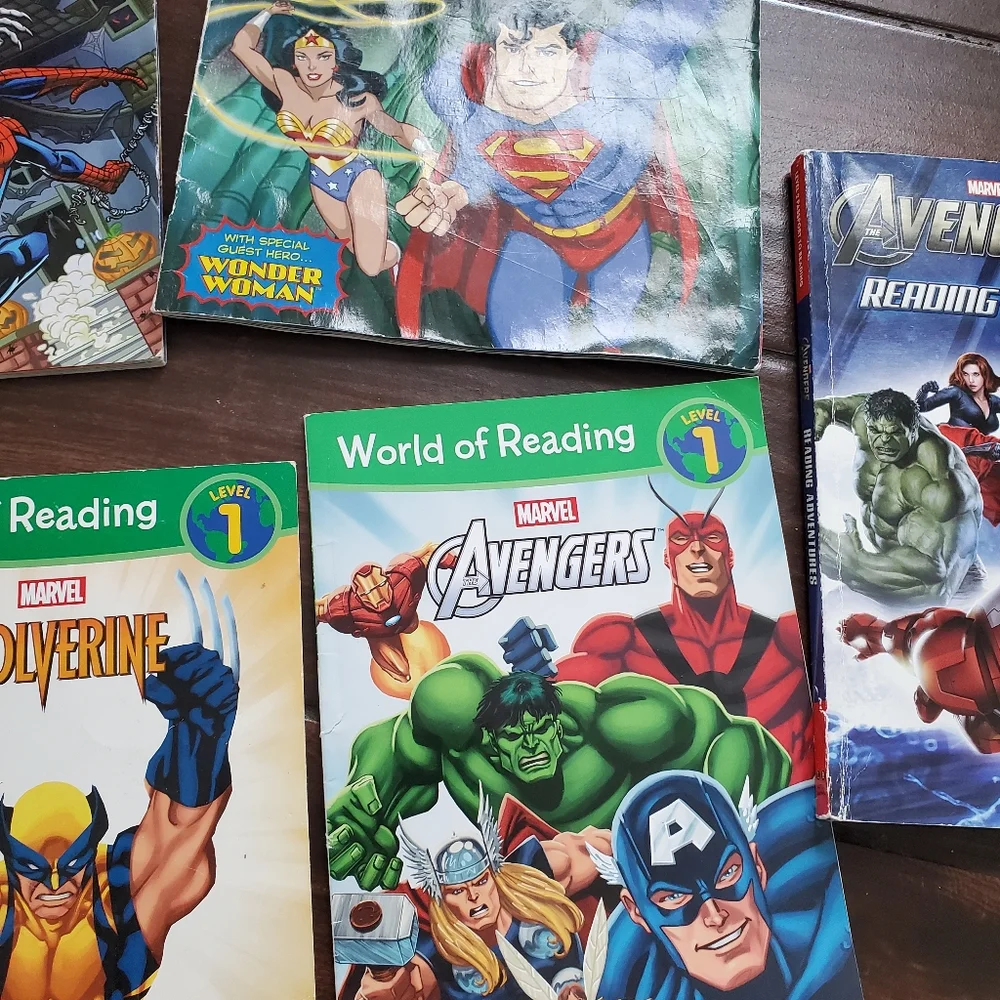 8 superhero books level 1 and 2 reading 2 are a bit more worn
